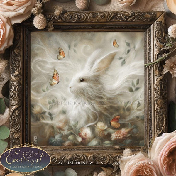 a painting of a white rabbit surrounded by flowers