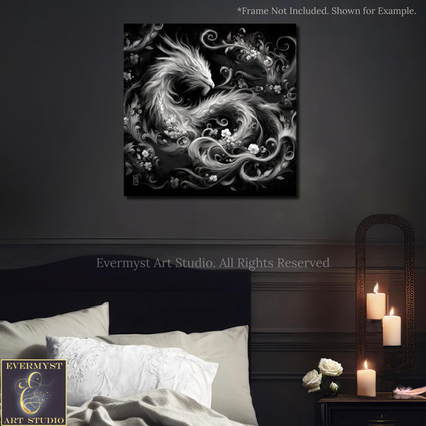 a black and white picture of a dragon on a bed