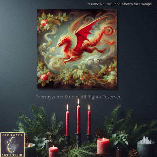 a painting of a red dragon on a black wall