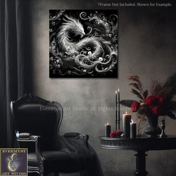 a black and white painting of a dragon on a wall