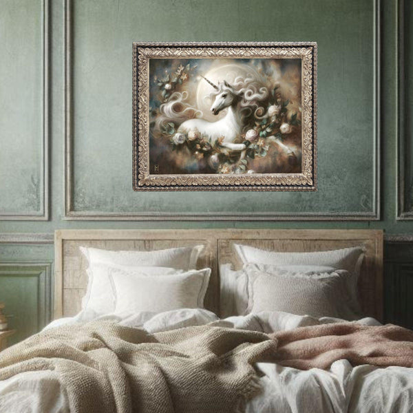a painting of a unicorn on a wall above a bed