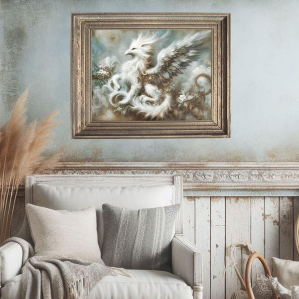 a living room with a couch and a painting on the wall