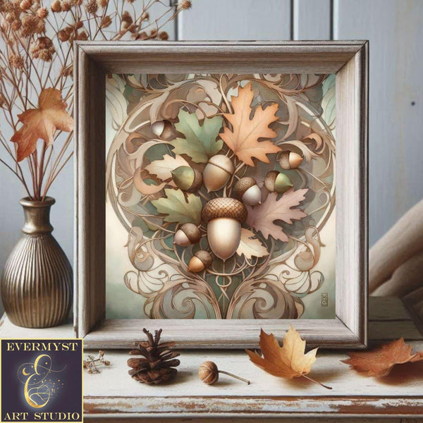 a picture of some leaves and acorns on a table