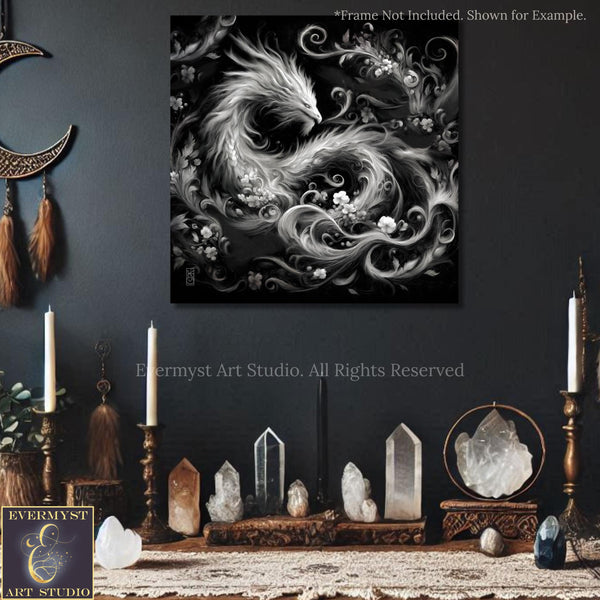 a black and white painting of a dragon on a wall