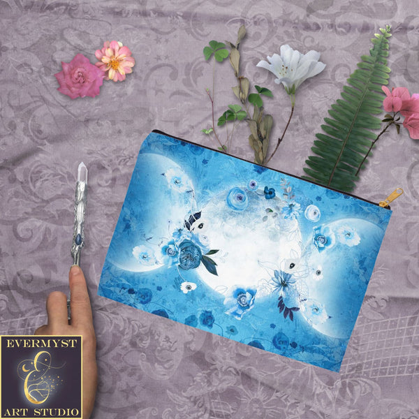 Blue Triple Moon Flowers Accessory Pouches Vintage Design Witch Wicca Pagan Decor Zippered Tarot