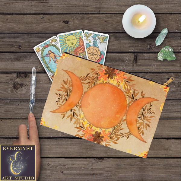 Fall Leave Triple Moon Autumn Equinox Accessory Pouches Vintage Design Witch Wicca Pagan Decor