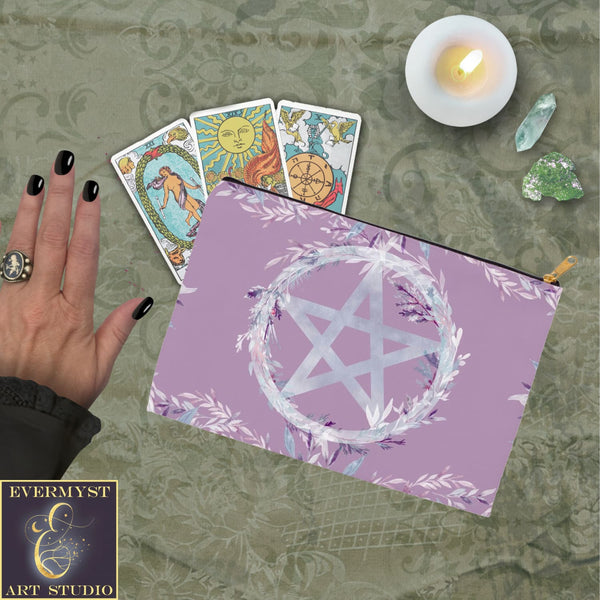 Floral Pentacle Purple Accessory Pouches Vintage Design Witch Wicca Pagan Decor Zippered Tarot Bag