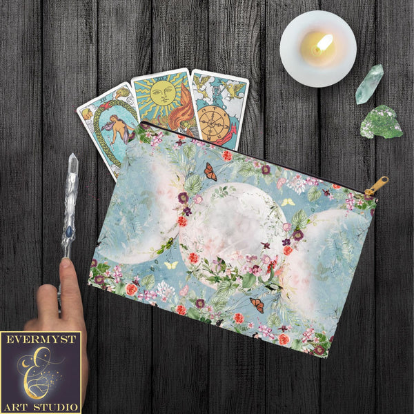 Floral Triple Moon Accessory Pouches Witch Wicca Pagan Zippered Tarot Bag Pouch