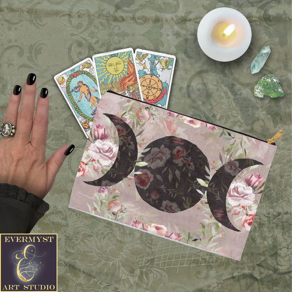 Rose Triple Moon Flower Accessory Pouches Vintage Design Witch Wicca Pagan Decor Zippered Tarot Bag