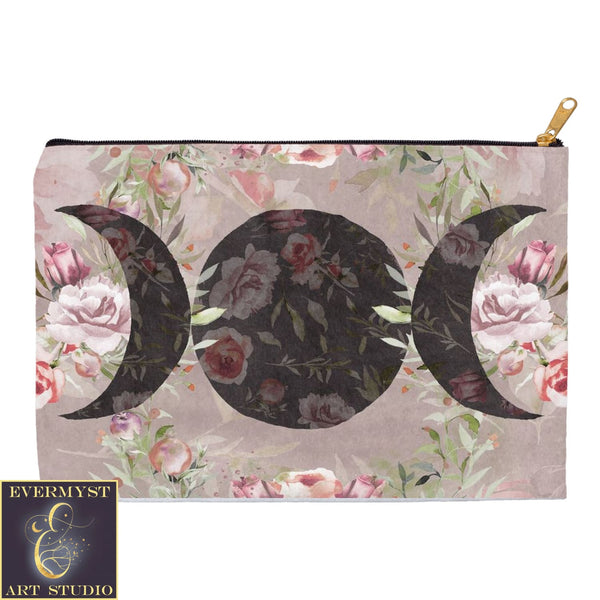 Rose Triple Moon Flower Accessory Pouches Vintage Design Witch Wicca Pagan Decor Zippered Tarot Bag