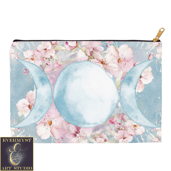 Spring Blossom Triple Moon Accessory Pouches Vintage Design Witch Wicca Pagan Decor Zippered Tarot
