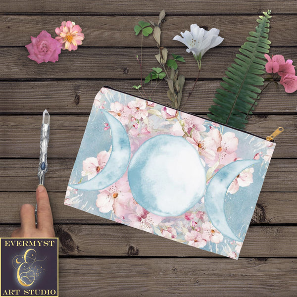 Spring Blossom Triple Moon Accessory Pouches Vintage Design Witch Wicca Pagan Decor Zippered Tarot