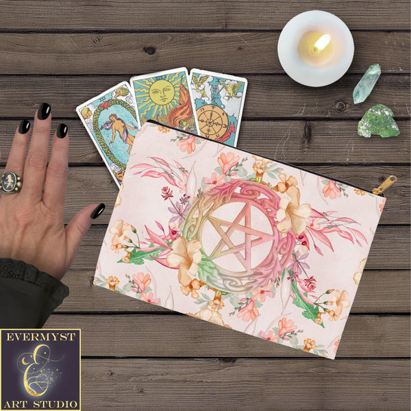 Spring Floral Pentacle Accessory Pouches Vintage Design Witch Wicca Pagan Decor Zippered Tarot Bag