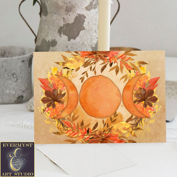 Triple Moon Goddess Blank Greeting Card Mabon Fall Witch Wicca Notecards