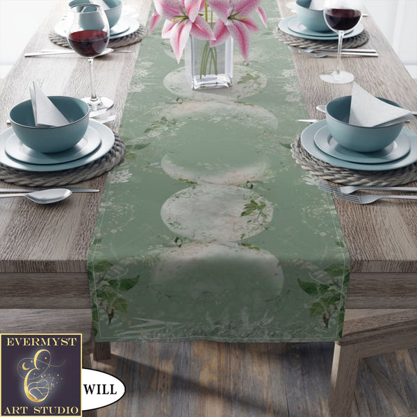Triple Moon Table Runner Altar Cloth - Green Witch Decor