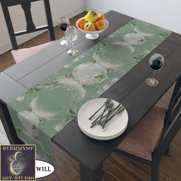 Triple Moon Table Runner Altar Cloth - Green Witch Decor