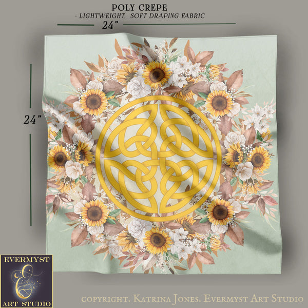 a square with a large, intricate design of a Celtic knot surrounded by a vibrant floral arrangement.