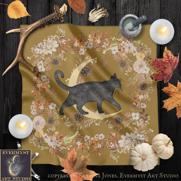 a black cat silhouette on a floral background, surrounded by autumn leaves, candles, and other decorative elements.