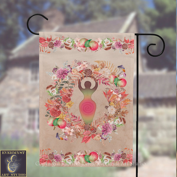 a banner with a colorful floral design and a central figure of a woman with a spiral design on her body.