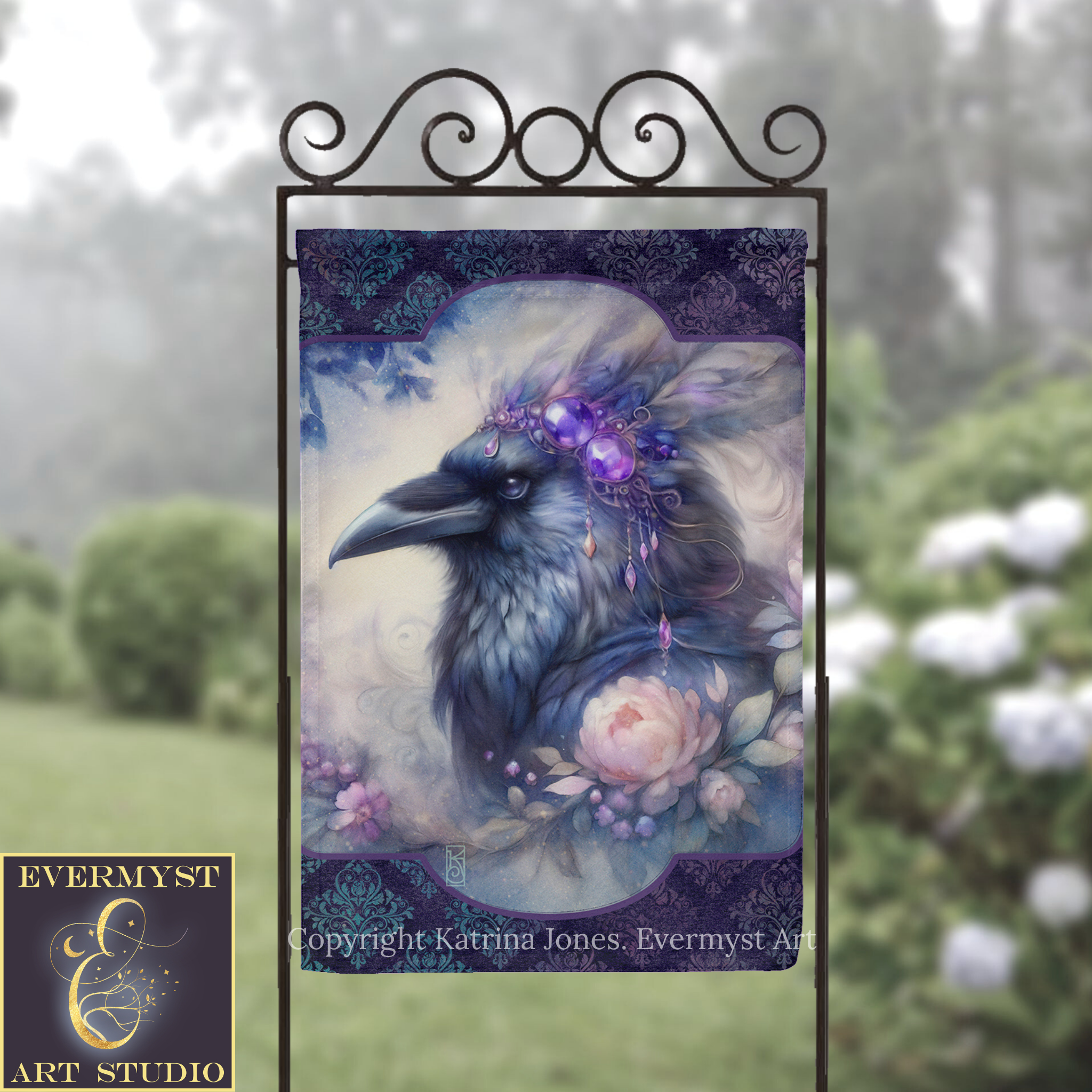 a large, detailed painting of a bird with a purple headdress and a pink flower on its chest, set against a background of blue and purple floral patterns.