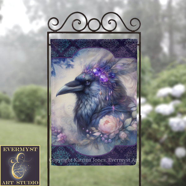 a large, detailed painting of a bird with a purple headdress and a pink flower on its chest, set against a background of blue and purple floral patterns.