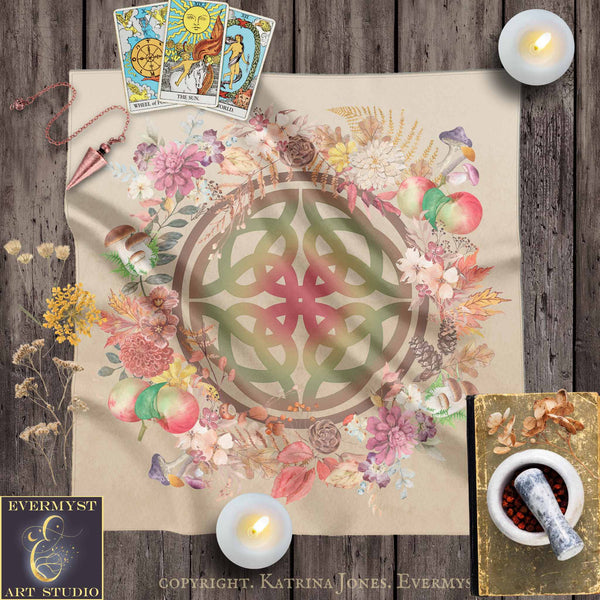 The image is a collage featuring a large floral design, tarot cards, candles, and various other objects arranged on a wooden surface.