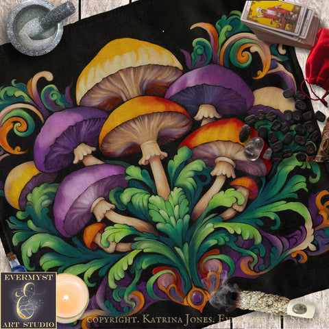 The image is a vibrant and detailed painting of a group of mushrooms, with intricate patterns and colors. The painting is surrounded by various objects, including a candle, a mortar and pestle, and a deck of playing cards. The overall composition and the use of color and detail create a visually striking and artistic representation of the mushrooms.