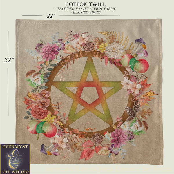 a large, square-shaped fabric with a detailed design of a star surrounded by a wreath of flowers and leaves. The fabric appears to be made of a textured, woven material, possibly cotton twill. The image is described as a "collage of images" and includes a "22" scale, suggesting that the image is a photograph of a larger, full-sized image.