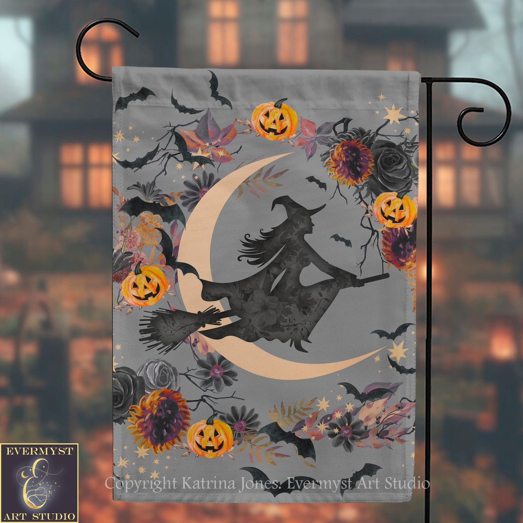 A Halloween-themed banner featuring a silhouetted witch on a broomstick flying over a crescent moon, surrounded by pumpkins, bats, and flowers.