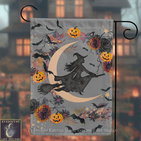 A Halloween-themed banner featuring a silhouetted witch on a broomstick flying over a crescent moon, surrounded by pumpkins, bats, and flowers.