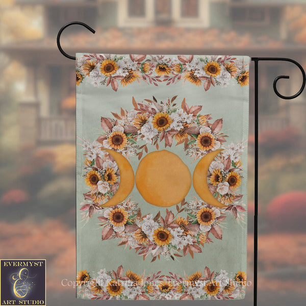 A banner with a floral design featuring sunflowers, crescent moons, and autumn leaves.