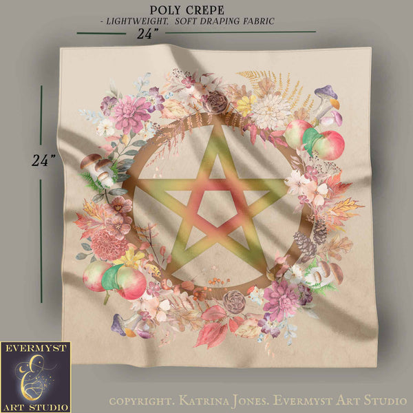 The image is a square with a large star in the center surrounded by a wreath of colorful flowers and leaves. The wreath is made up of various flowers, including roses, daisies, and other types of flowers. The image also includes text that provides information about the fabric, such as "POLY CREPE - LIGHTWEIGHT - SOFT DRApping Fabric" and "24" indicating the size of the fabric.