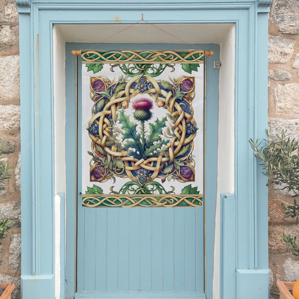 a blue door with a picture of a flower on it