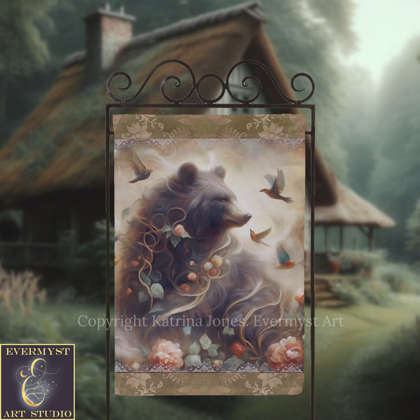 a large painting of a bear surrounded by birds and flowers, with a rustic cabin in the background.