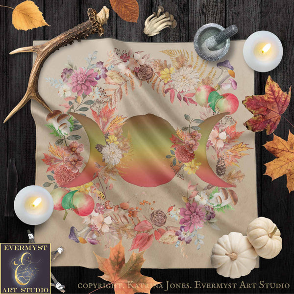The image is a vibrant and colorful depiction of a triptych, featuring a floral design with three crescent moons at the center, surrounded by autumn leaves, flowers, and other natural elements. The background is a dark wooden surface, which contrasts with the bright colors of the artwork. The image also includes candles, pumpkins, and other seasonal decorations, creating a festive and seasonal atmosphere.