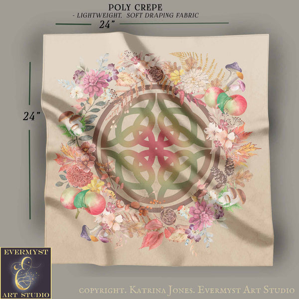 The image is a square with a 24-inch-sized Poly Crepe fabric featuring a colorful and intricate design of flowers, leaves, and mushrooms.