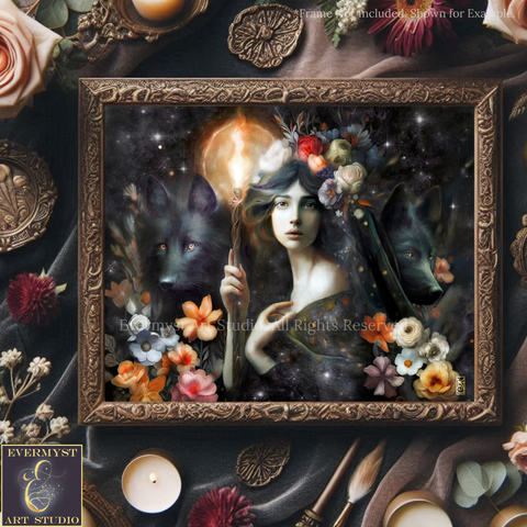 The image is a framed artwork depicting a woman with a staff surrounded by a floral design, including flowers, leaves, and a wolf. The artwork is set against a dark background with a starry sky.