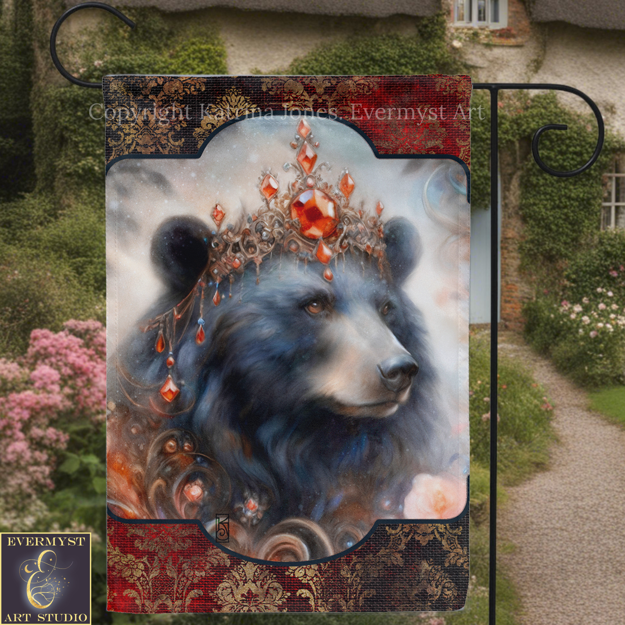 a large, detailed painting of a bear wearing a crown with a gemstone on its head, set against a backdrop of a garden with pink flowers.