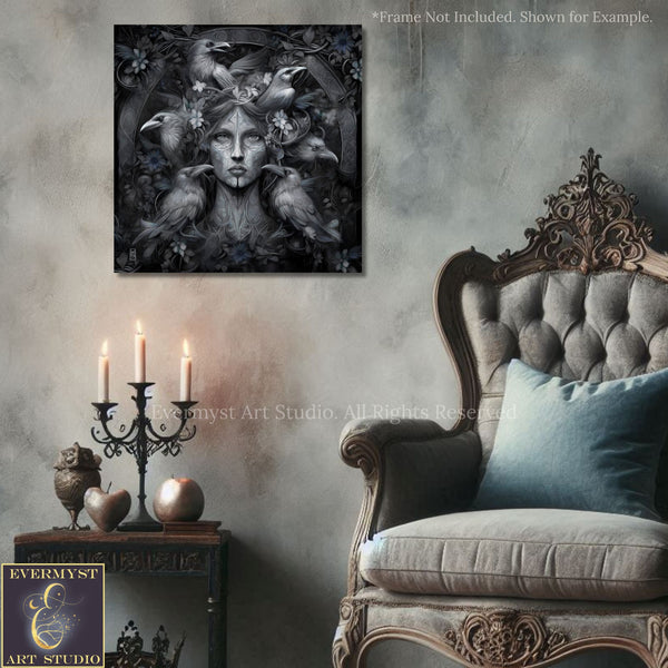 a dark, moody scene with a large, ornate chair, a table with a candelabra, and a framed artwork depicting a woman with a bird-like face.