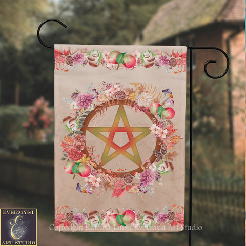 A banner with a large star design surrounded by a wreath of colorful flowers and fruits, including apples and pears.