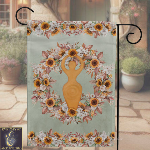 a banner with a sunflower design and a golden female figure, surrounded by a wreath of flowers.