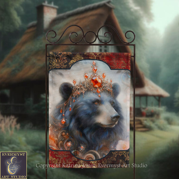 a large, detailed painting of a bear wearing a crown, with a rustic cabin in the background.