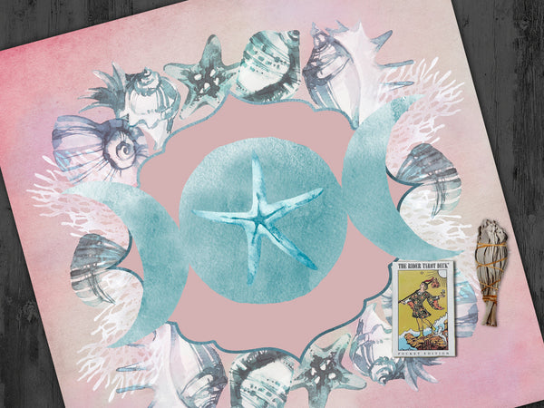 Sea Moon Water Witch Altar And Tarot Cloth - Blue Pink Handmade 22X22 Inch Twill Square