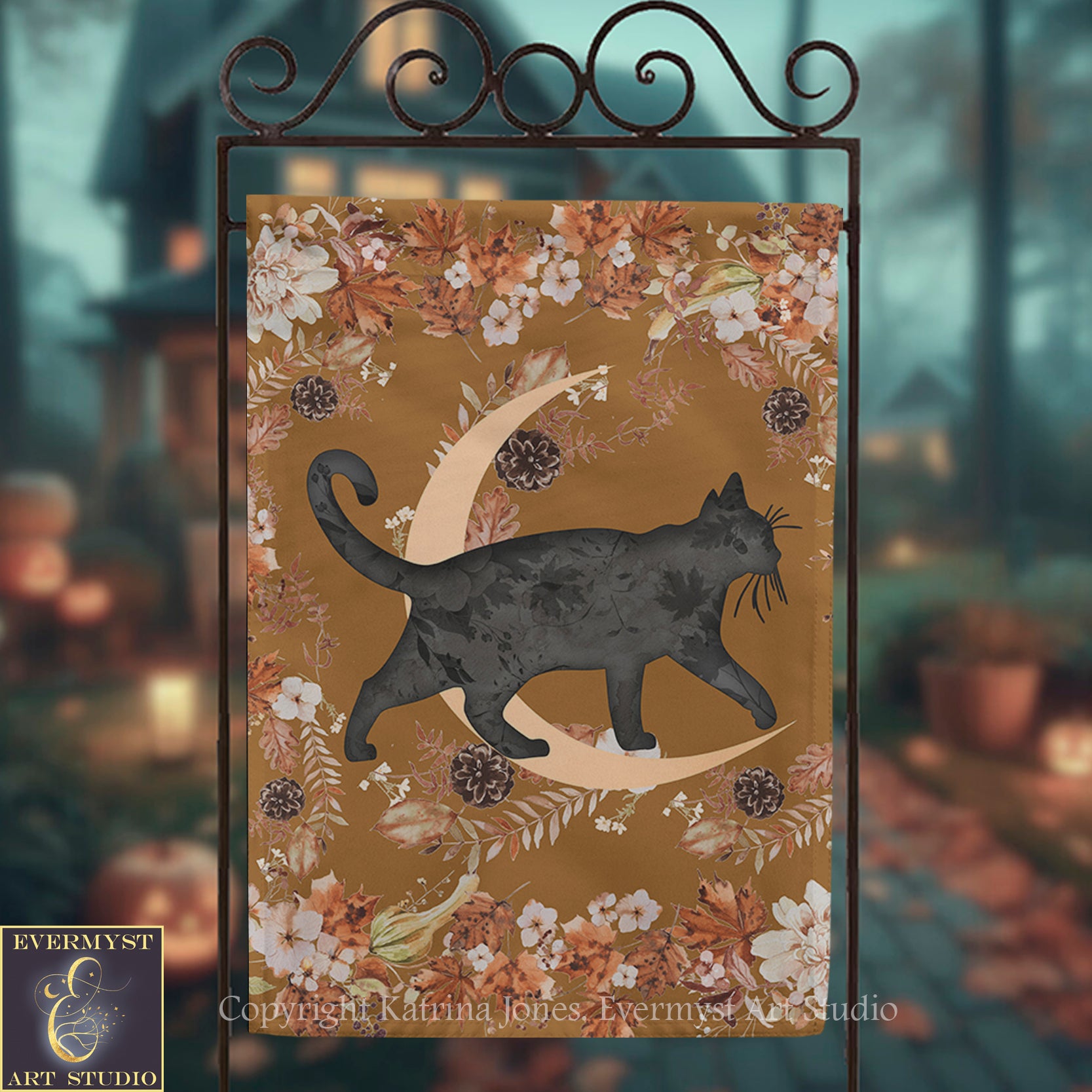 a black cat walking on a crescent moon, surrounded by autumn leaves and flowers.