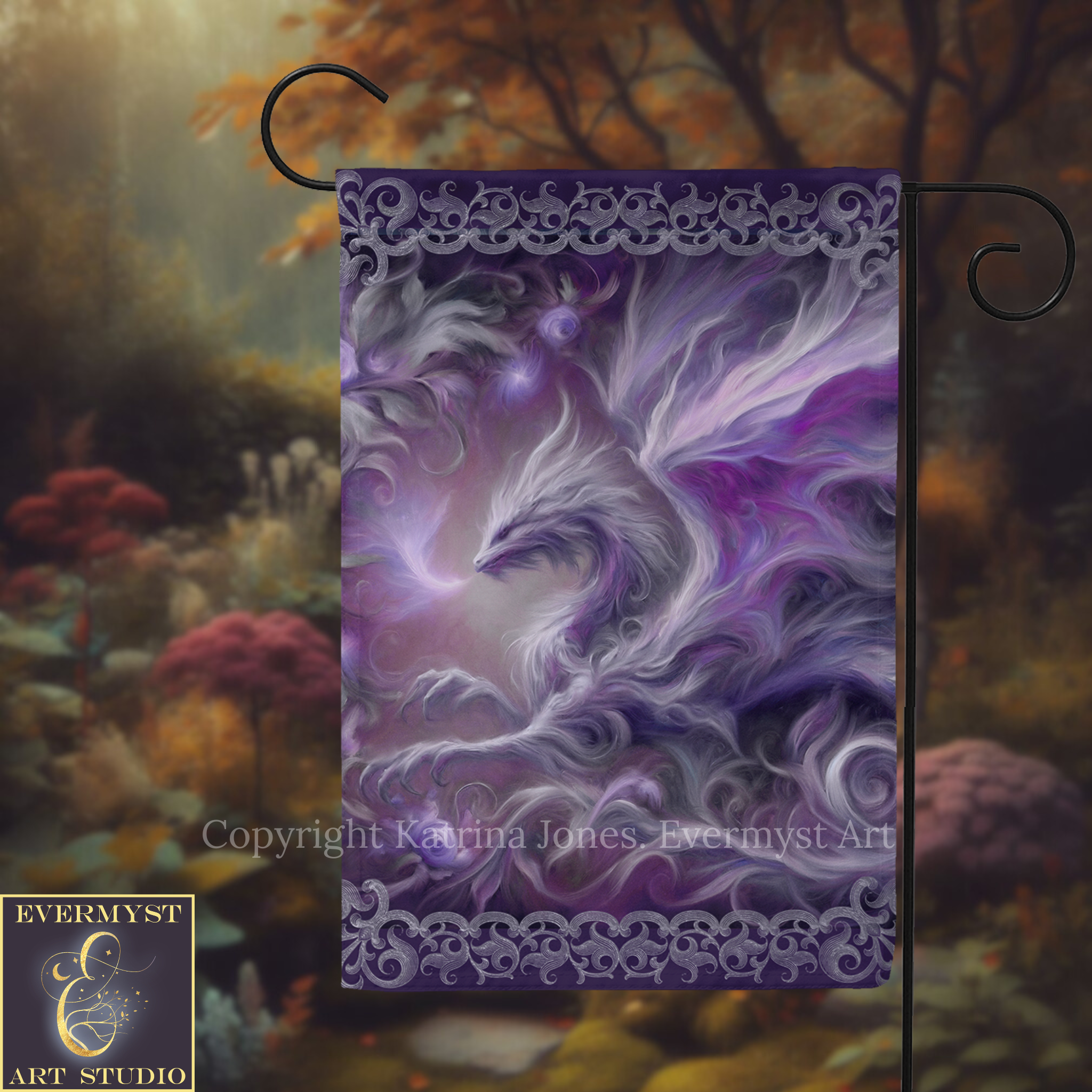 A vibrant purple dragon-like creature with flowing, ethereal wings is depicted against a backdrop of lush, colorful foliage in this artistic rendering.