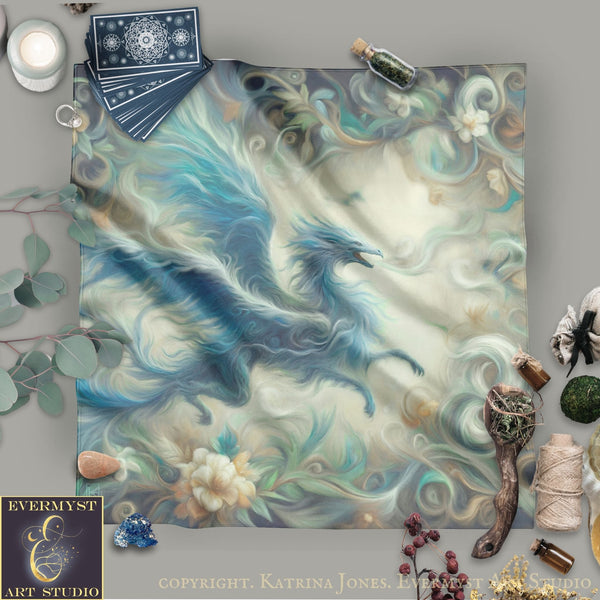 Dragon Altar Cloth or Tarot Mat - Blue Mythic Creature Altar Tarot Witch Decor