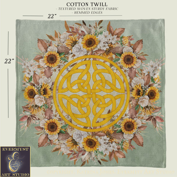 a square with a large, intricate design of a Celtic knot surrounded by a vibrant floral arrangement.