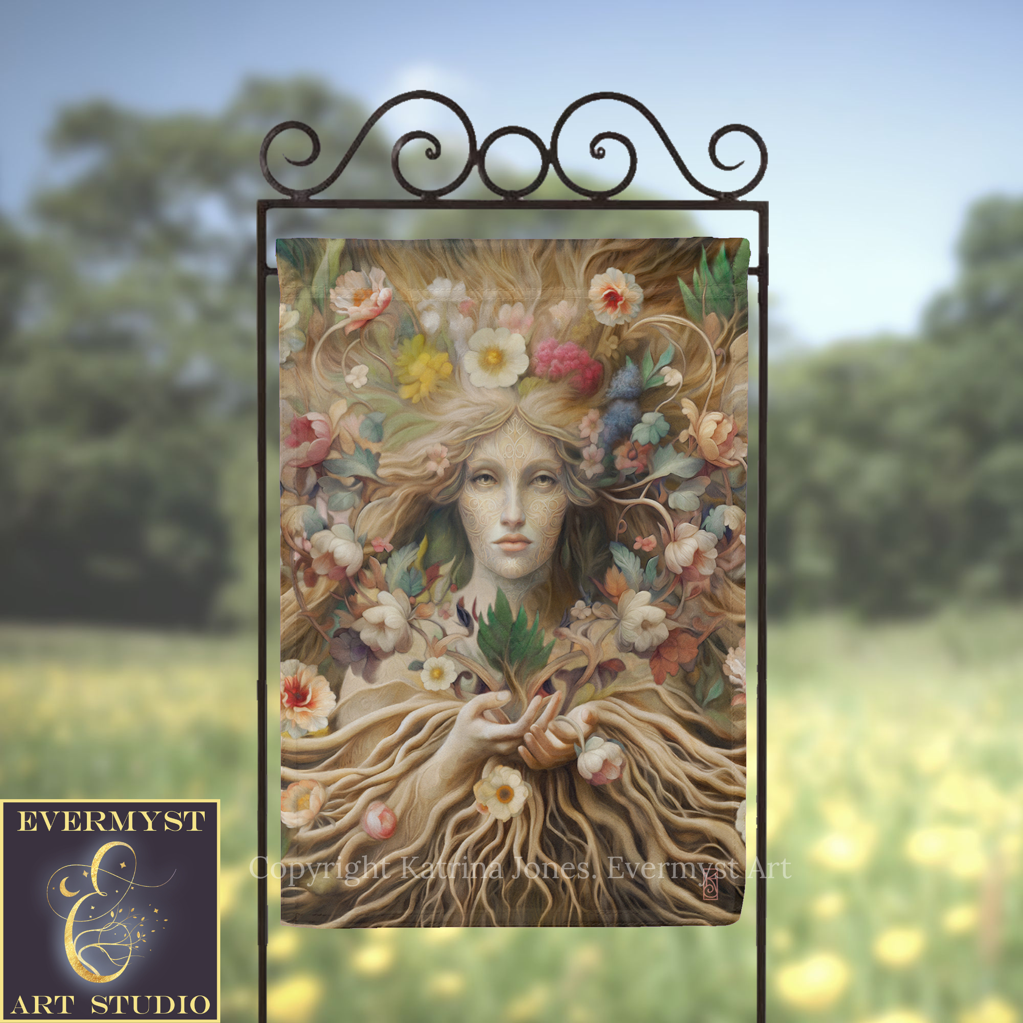 a large, ornate metal frame with a painting of a woman's face surrounded by a floral design.