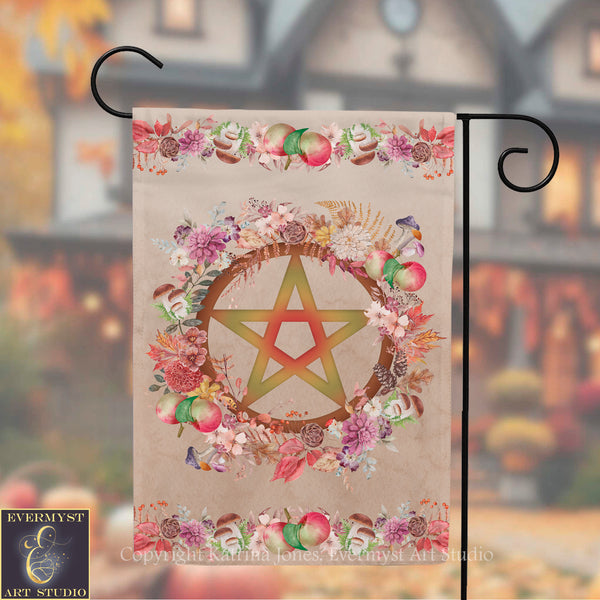 a banner with a large star design surrounded by a wreath of colorful flowers and autumn leaves.