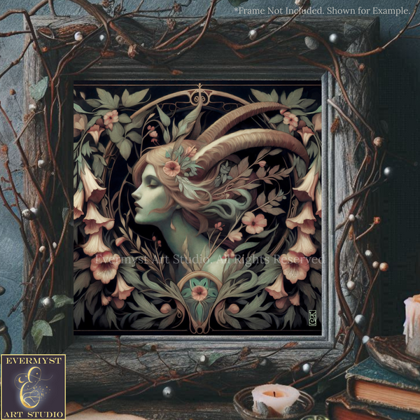 The image is a framed artwork depicting a woman with horns surrounded by a floral design.